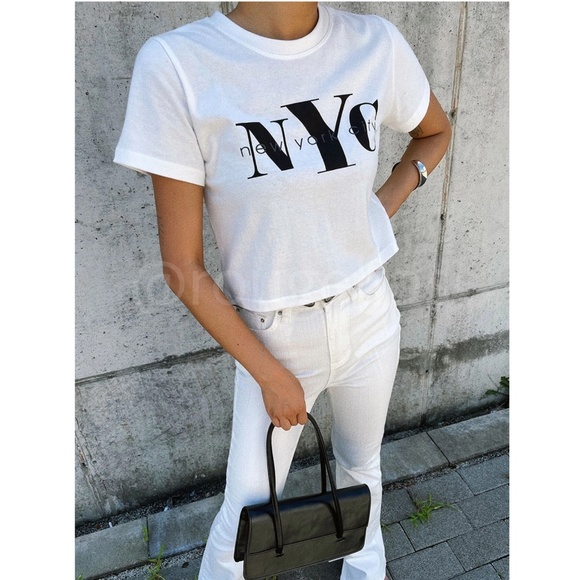 Cotton NYC Graphic Print White Crop Tee Shirt - Picture 5 of 8